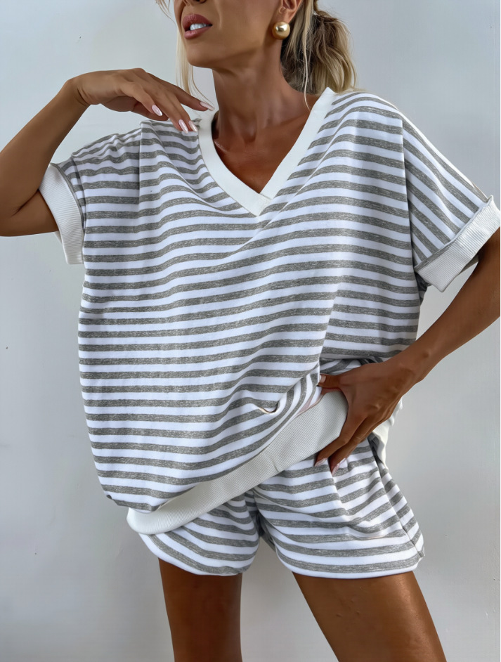 Womens 2-piece Knitted Striped Loose Sweatshirt And High-waisted Shorts Casual Set - Image 10