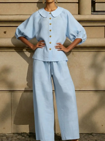 Fashionable Collar Shirt And Wide-Leg Pants Linen Two-Piece Set - Image 17