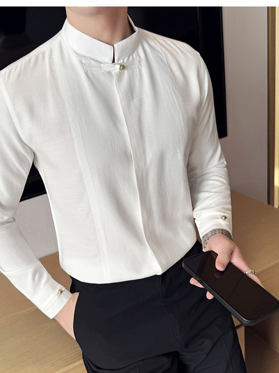 Men's Solid Color Stand Collar Long-sleeved Shirt - Image 7