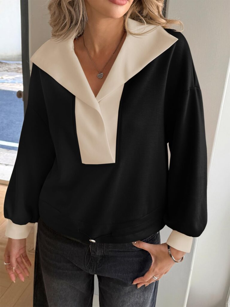 Fisoew Womens Cropped Oversized Sweatshirt Casual Lapel V Neck Long Sleeve Contrast Drawstring Loose Fit Fall Pullover Tops
