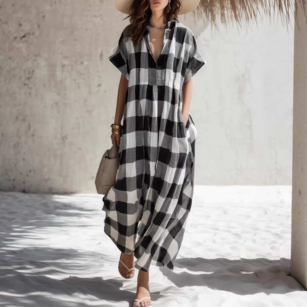 Plaid V-neck Long Cotton-Linen Dress
