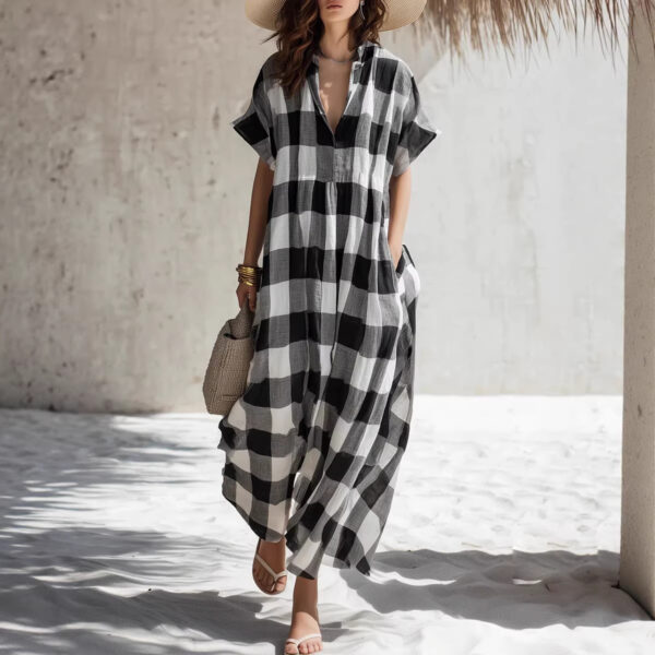 Plaid V-neck Long Cotton-Linen Dress