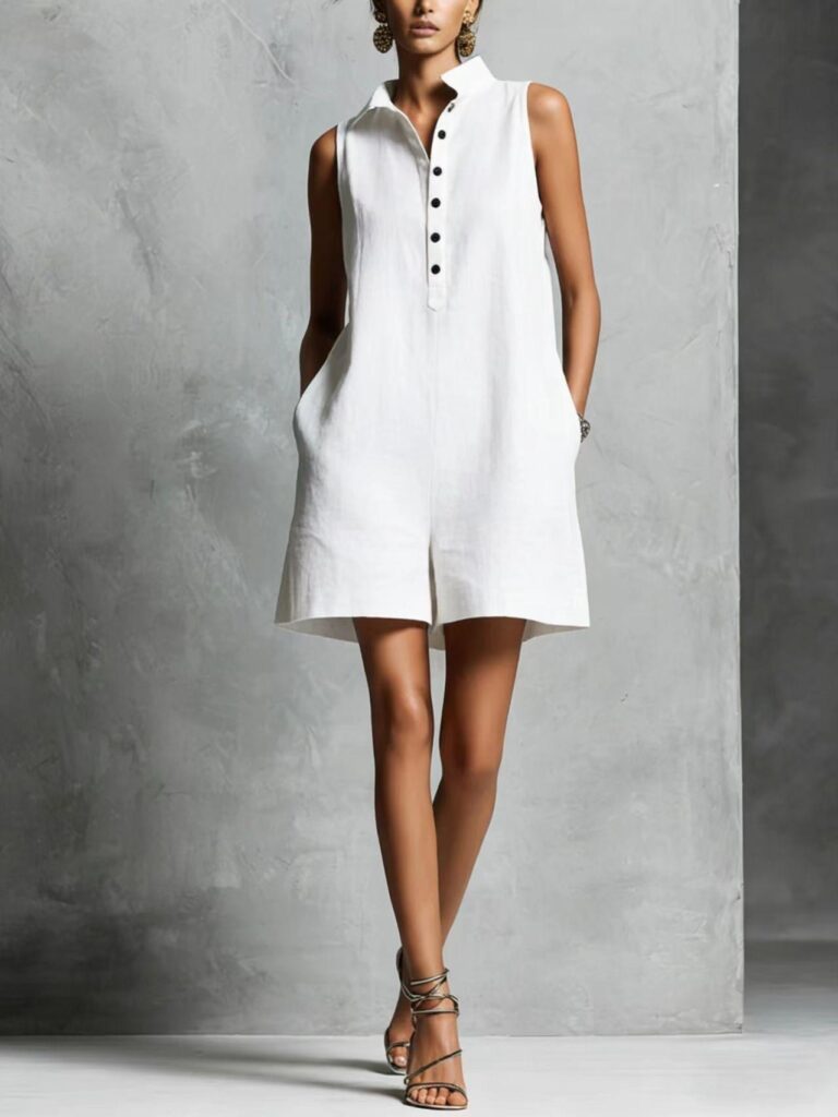 Women's Casual Lapel-Neck Sleeveless Short Jumpsuit