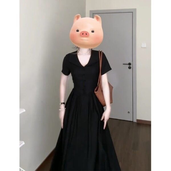 Womens Fashion Lapel Collar Retro Defined Waist Short-Sleeve Dress - Image 2