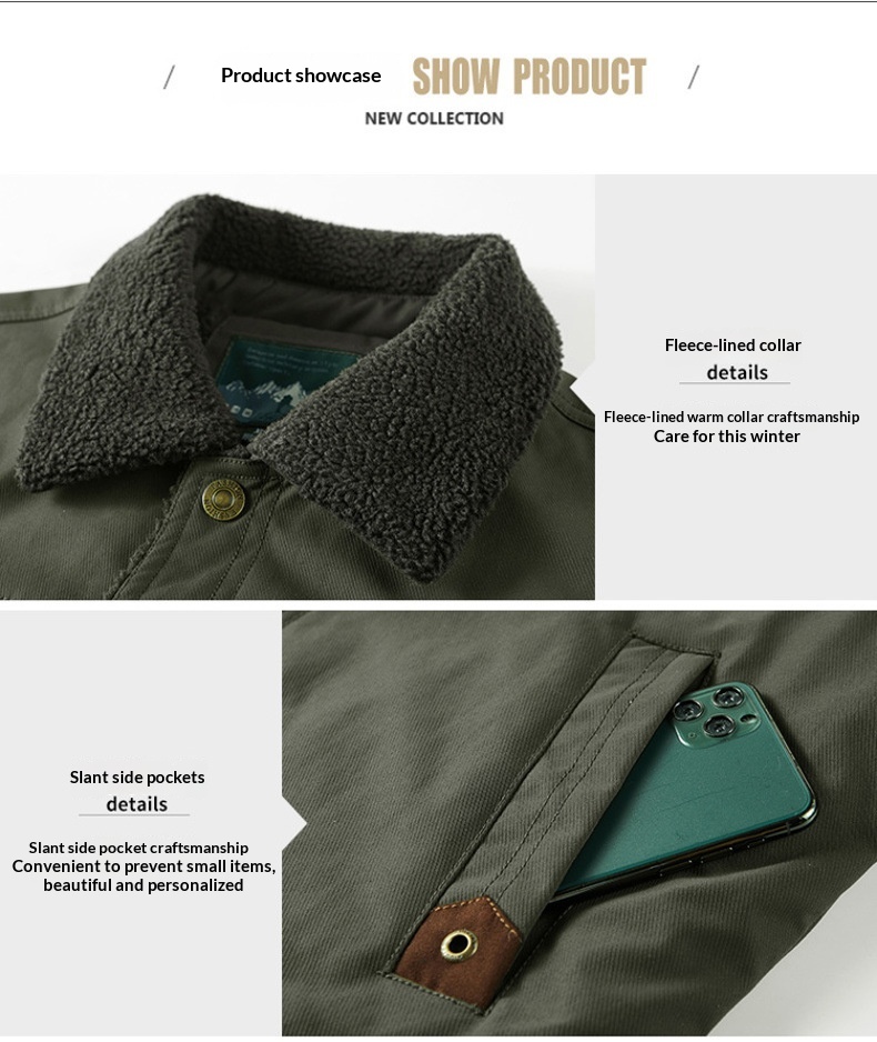 Washed Jacket For Men Fleece-lined And Thickened Lambswool Casual Style - Image 10