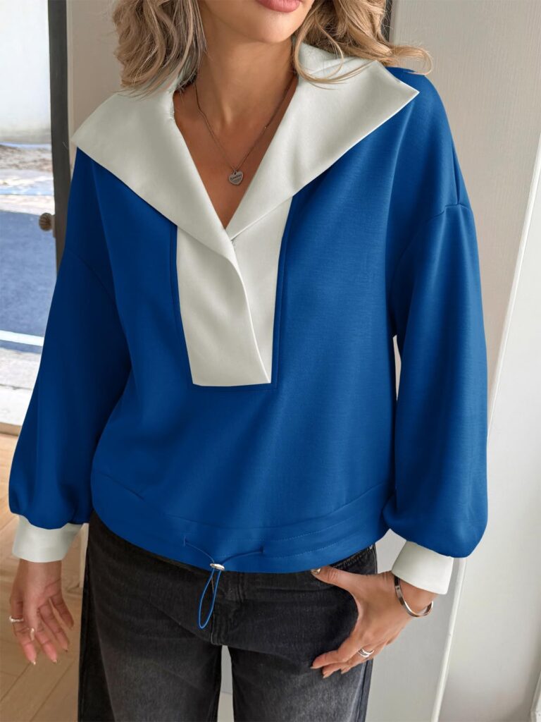 Fisoew Womens Cropped Oversized Sweatshirt Casual Lapel V Neck Long Sleeve Contrast Drawstring Loose Fit Fall Pullover Tops