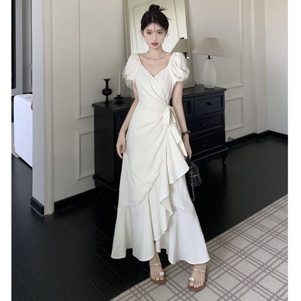 Women's White V Neck Lace Up Short Sleeve Dress