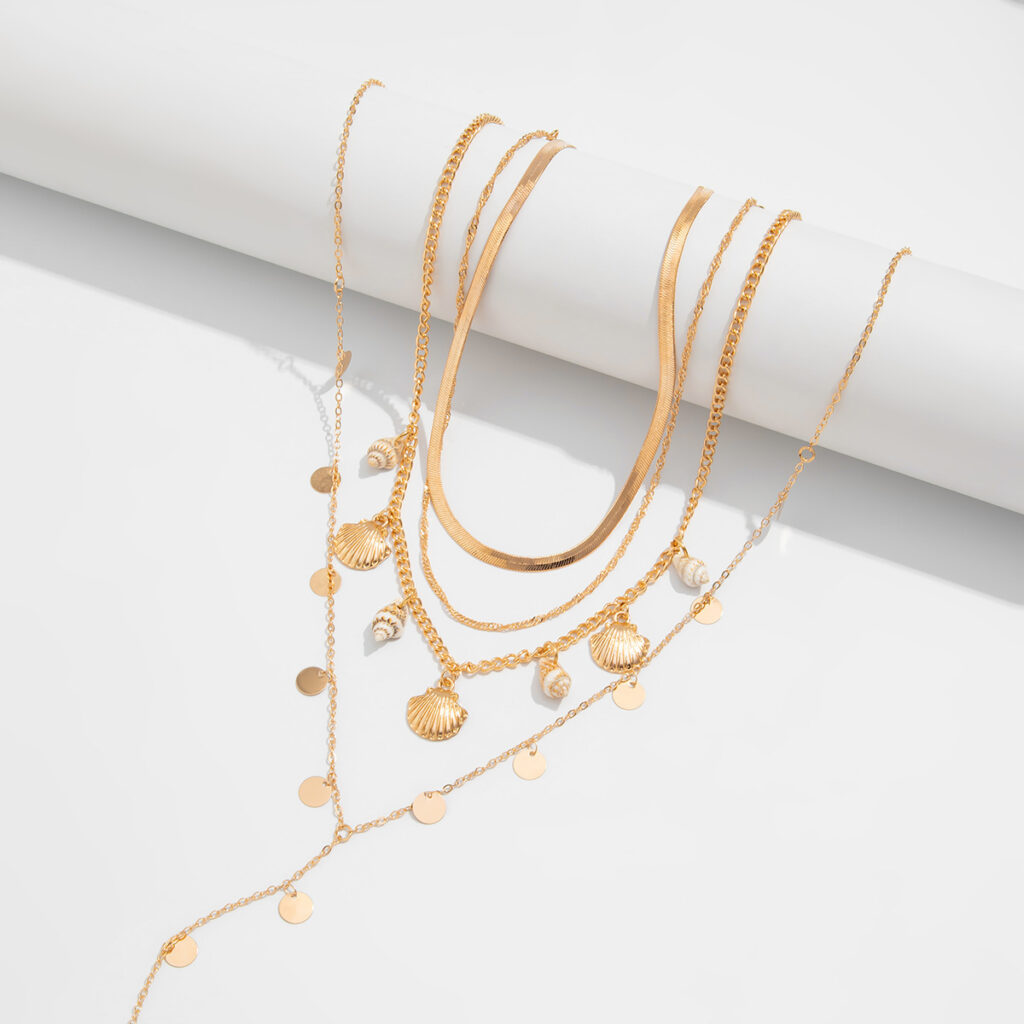 Vacation Fan Seashell Sequin Chain Stacked Collarbone Necklace