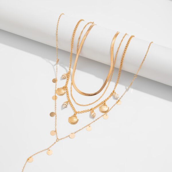 Vacation Fan Seashell Sequin Chain Stacked Collarbone Necklace - Image 3