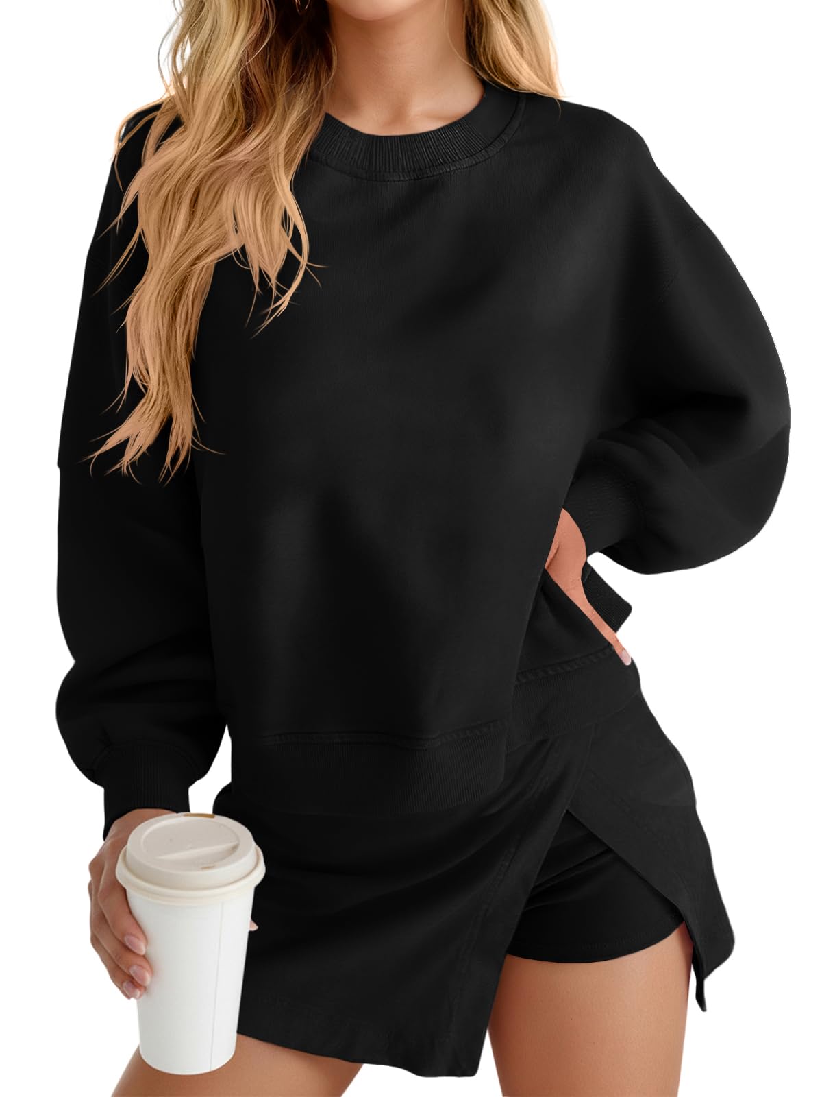 Fisoew 2 Piece Sets For Women Cotton Workout Sets Sweatshirt Top High Waisted Lined Split Athletic Skirt Set - Image 13