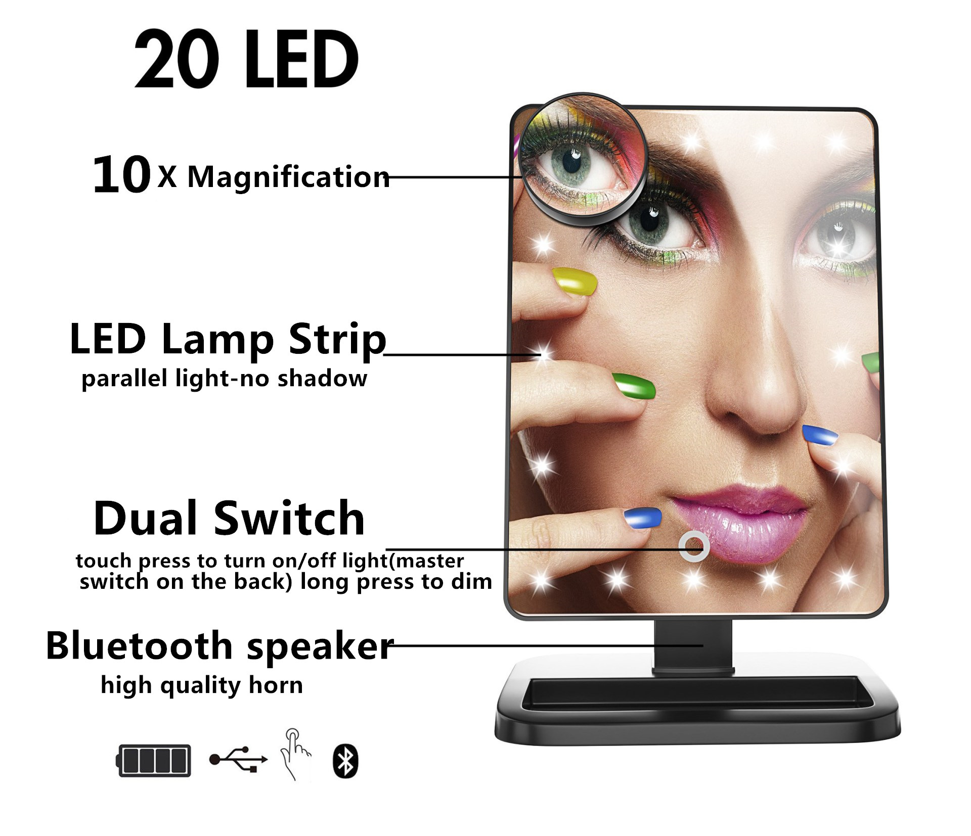 Touch Screen Makeup Mirror With 20 LED Light Bluetooth Music Speaker 10X Magnifying Mirrors Lights - Image 7