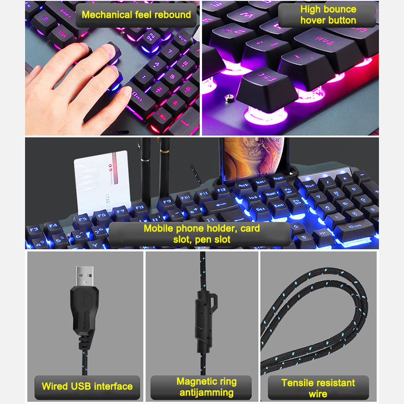 ErgonomicWired Gaming Keyboard with RGB Backlight Phone Holder - Image 11