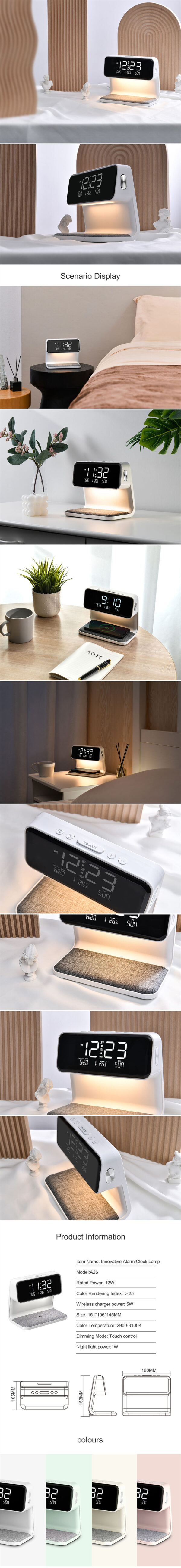 Creative 3 In 1 Bedside Lamp Wireless Charging LCD Screen Alarm Clock  Wireless Phone Charger - Image 13