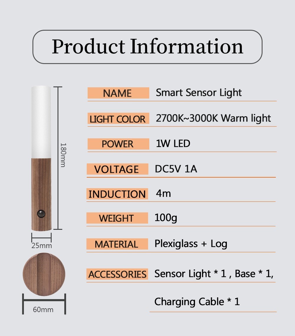 Auto LED USB Magnetic Wood Wireless Night Light Corridors Porch Lights PIR Motion Sensor Wall Light Cabinet Lamp - Image 22