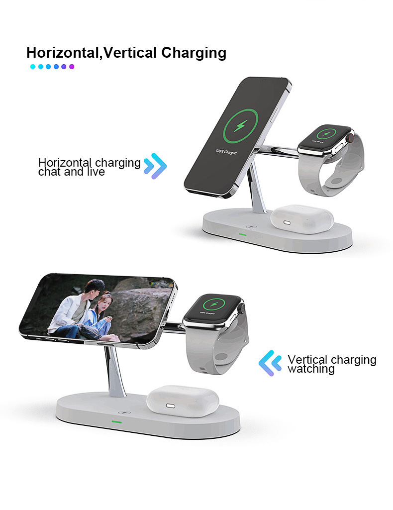 Multifunctional Five-In-One Magnetic Wireless Charging Watch Headset Desktop Mobile Phone Holder Charger 15W Fast Charge - Image 19