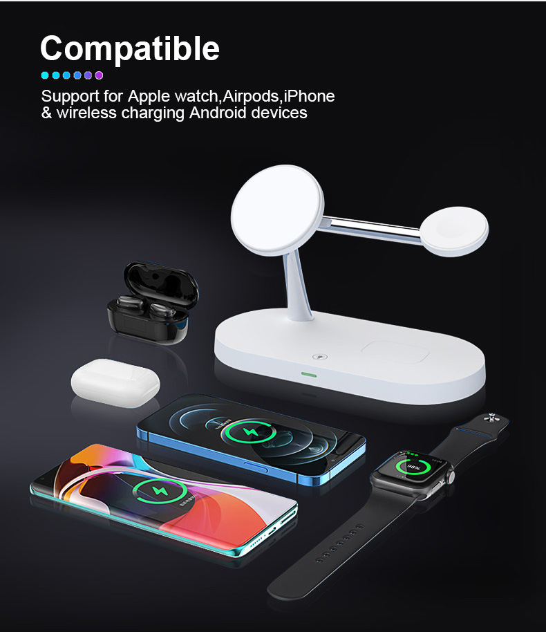 Multifunctional Five-In-One Magnetic Wireless Charging Watch Headset Desktop Mobile Phone Holder Charger 15W Fast Charge - Image 20