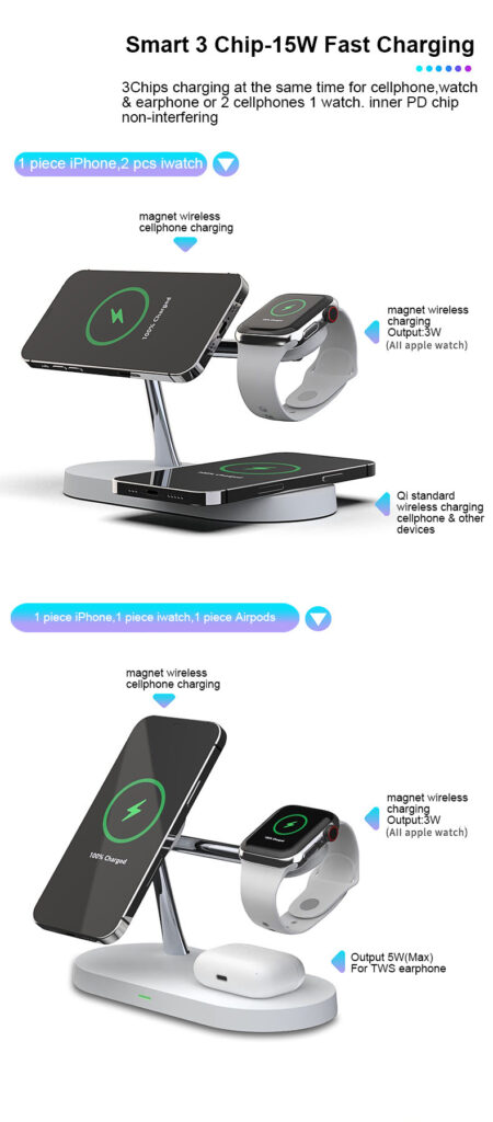 Multifunctional Five-In-One Magnetic Wireless Charging Watch Headset Desktop Mobile Phone Holder Charger 15W Fast Charge