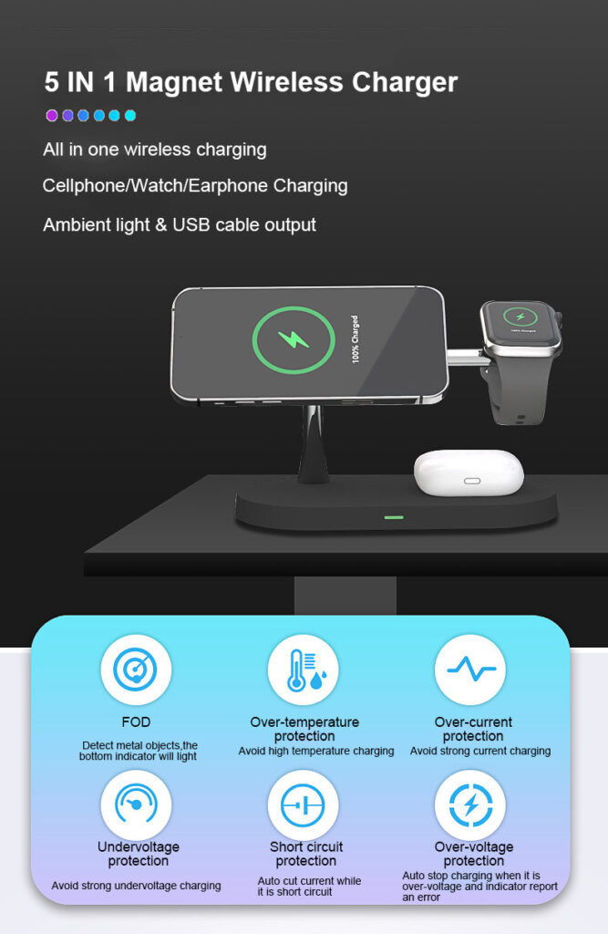 Multifunctional Five-In-One Magnetic Wireless Charging Watch Headset Desktop Mobile Phone Holder Charger 15W Fast Charge