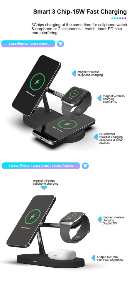 Multifunctional Five-In-One Magnetic Wireless Charging Watch Headset Desktop Mobile Phone Holder Charger 15W Fast Charge