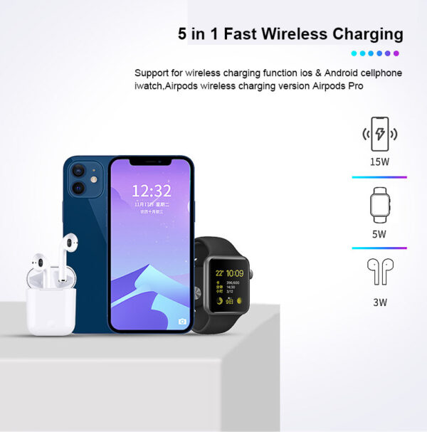 Multifunctional Five-In-One Magnetic Wireless Charging Watch Headset Desktop Mobile Phone Holder Charger 15W Fast Charge - Image 10