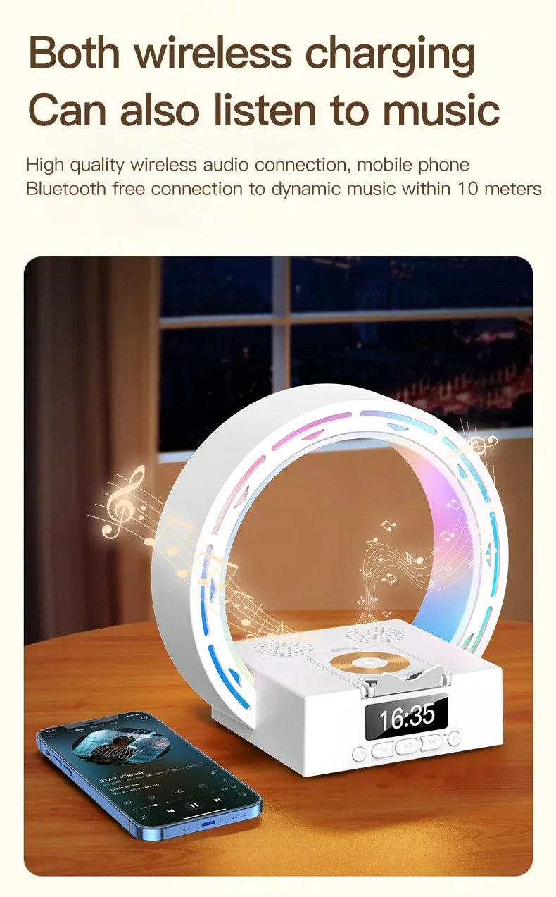 4 In 1 Wireless Bluetooth-compatible Speaker Charging Pad Bedside Lamp With Alarm Clock Wake-Up Light For Bedroom Support USB Drive TF Card - Image 10