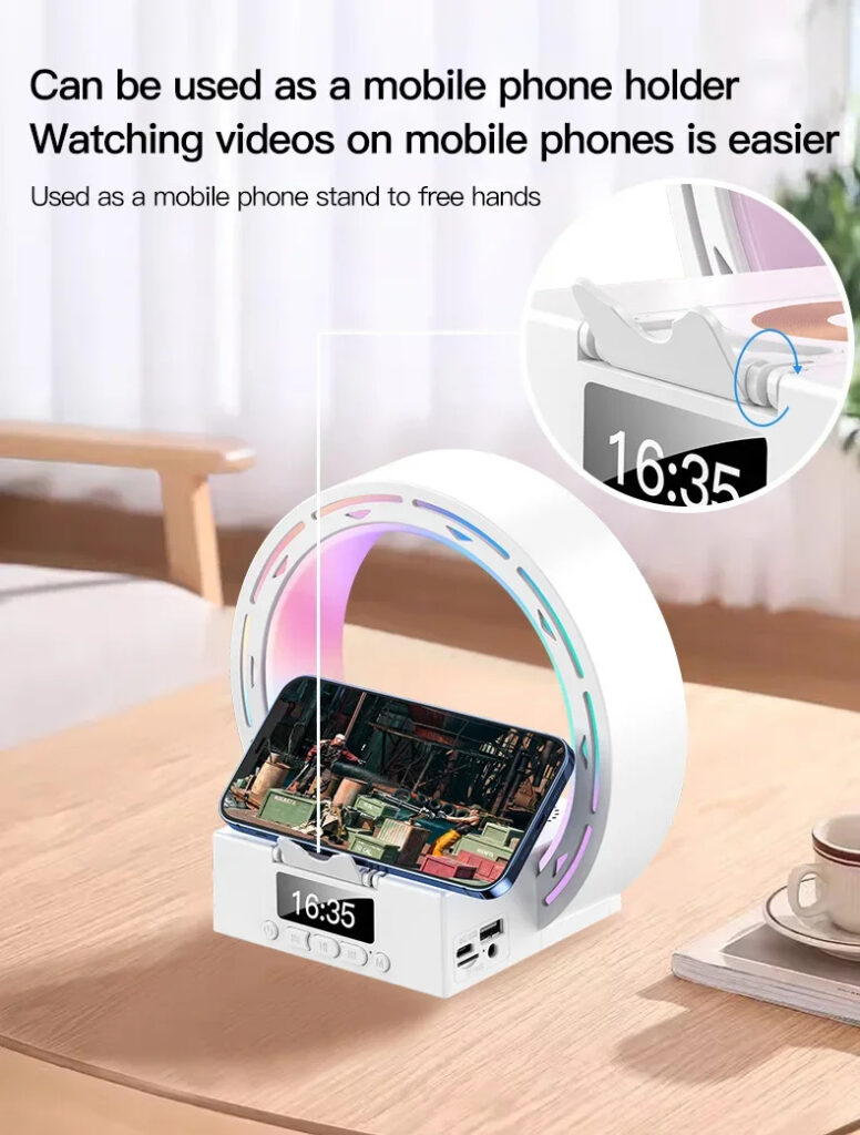 4 In 1 Wireless Bluetooth-compatible Speaker Charging Pad Bedside Lamp With Alarm Clock Wake-Up Light For Bedroom Support USB Drive TF Card