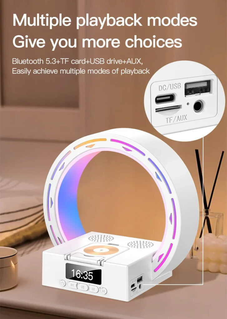 4 In 1 Wireless Bluetooth-compatible Speaker Charging Pad Bedside Lamp With Alarm Clock Wake-Up Light For Bedroom Support USB Drive TF Card