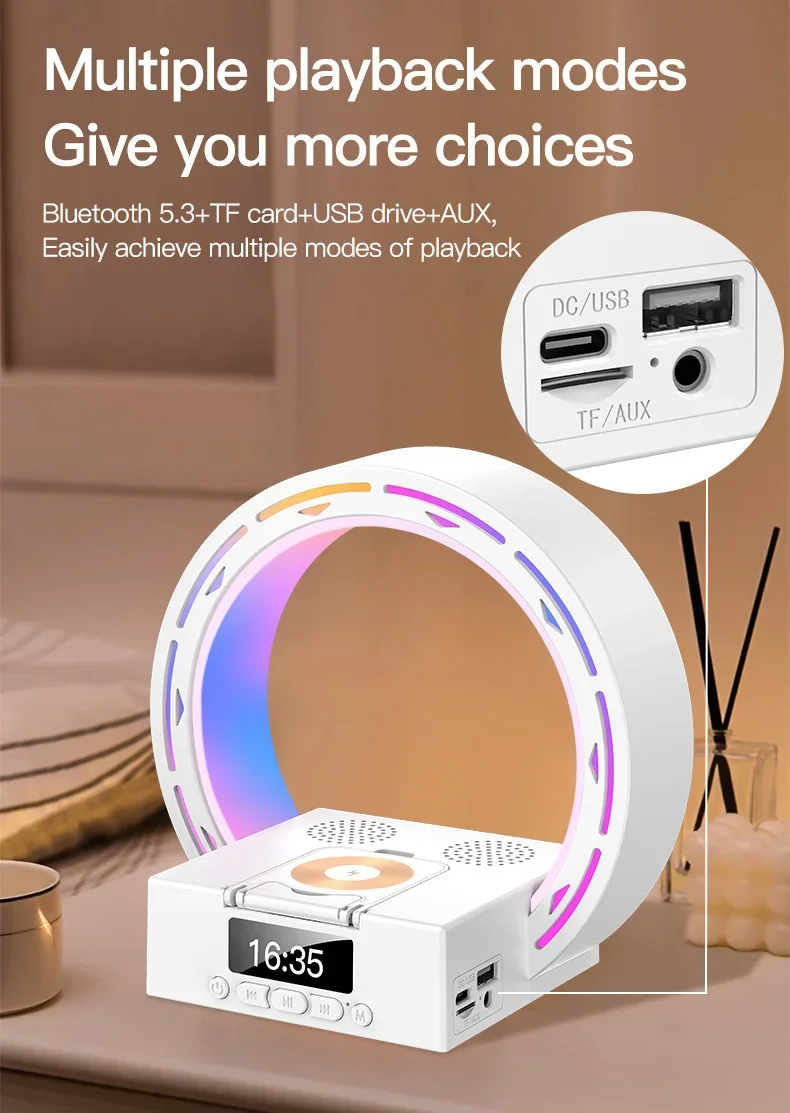 4 In 1 Wireless Bluetooth-compatible Speaker Charging Pad Bedside Lamp With Alarm Clock Wake-Up Light For Bedroom Support USB Drive TF Card - Image 14