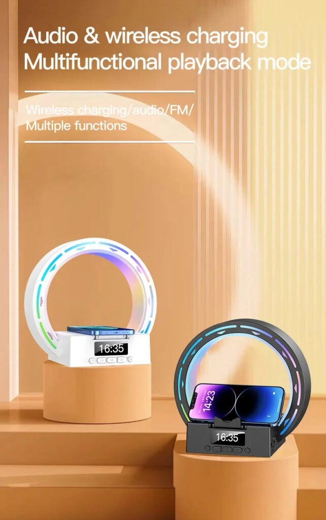 4 In 1 Wireless Bluetooth-compatible Speaker Charging Pad Bedside Lamp With Alarm Clock Wake-Up Light For Bedroom Support USB Drive TF Card