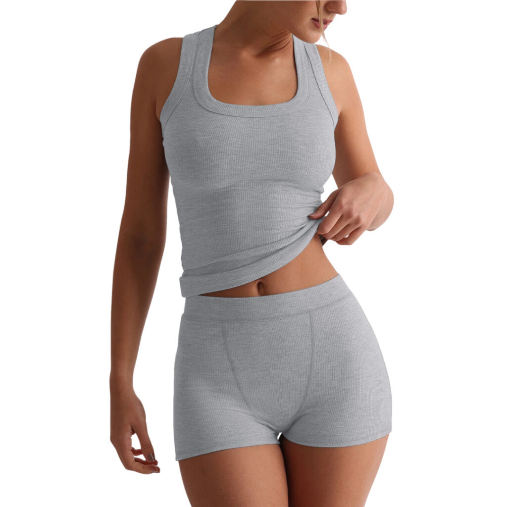 Womens Casual Solid-Colored Crew-Neck Slim-Fit Tank Top And High-Waist Shorts Set