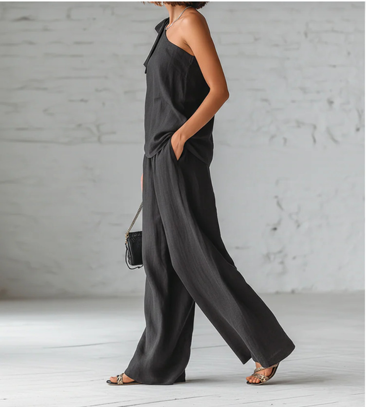 Sleeveless One-shoulder Top With Tie Detail And Wide-leg Pants - Image 16