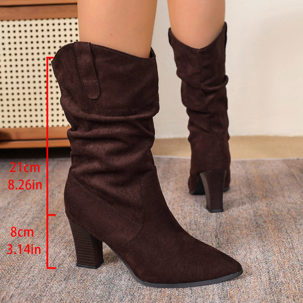 Suede Pointed-toe Fashion Boots With Pleated Mid-calf Design And Chunky Heel