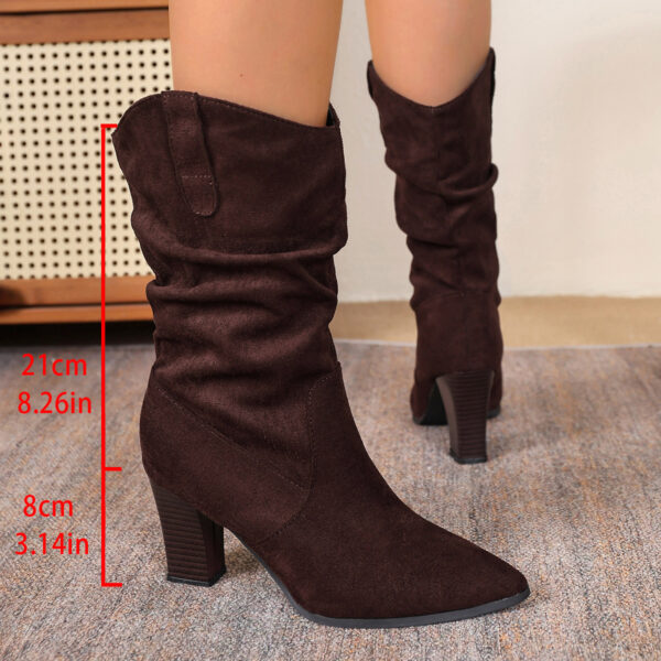 Suede Pointed-toe Fashion Boots With Pleated Mid-calf Design And Chunky Heel - Image 17