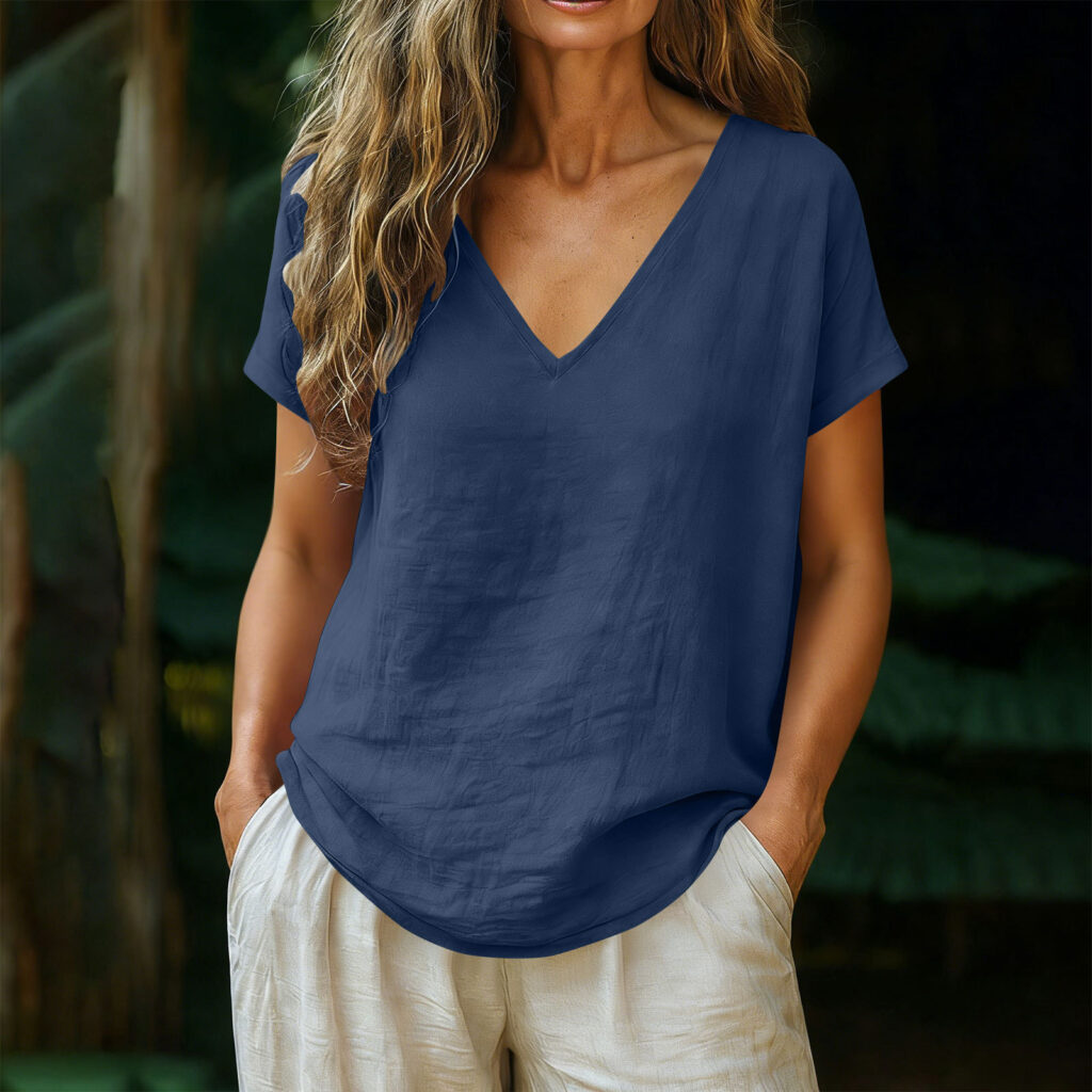 Women's Cotton-Linen Short-Sleeve V-Neck Pullover Top