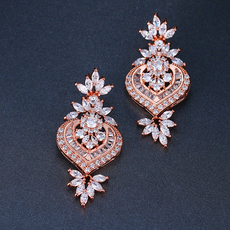 Ose Gold Luxury Big Long Flower Pendant Drop Earrings With Shining CZ Brincos Bridal Women Wedding Jewelry - Image 4
