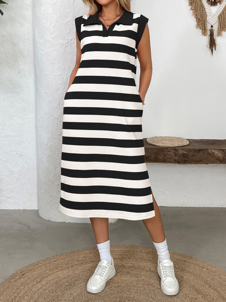 Striped Pocketed Lapel Sleeveless Maxi Dress