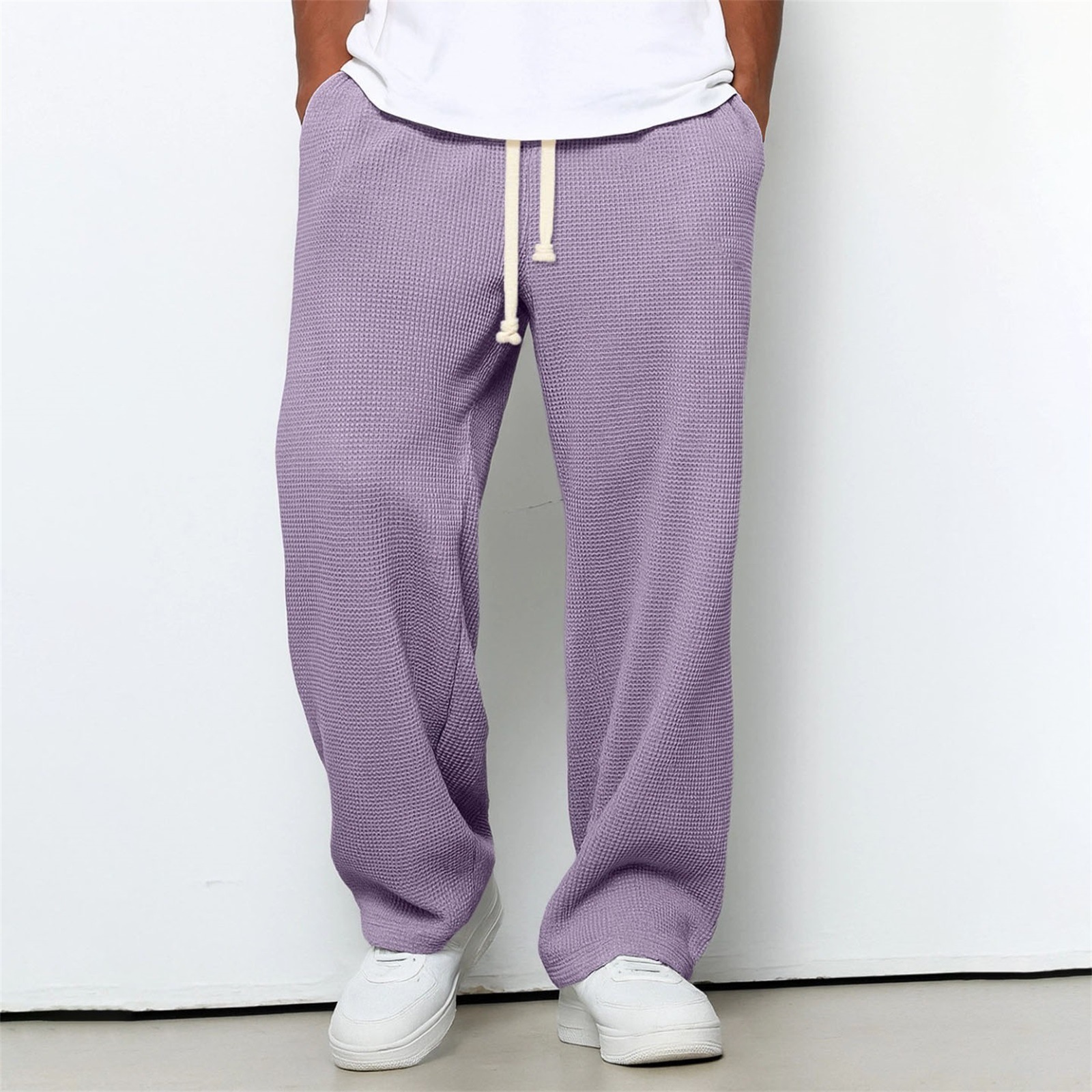Mens Relaxed-fit Waffle-knit Wide-leg Athleisure Pants - Image 76