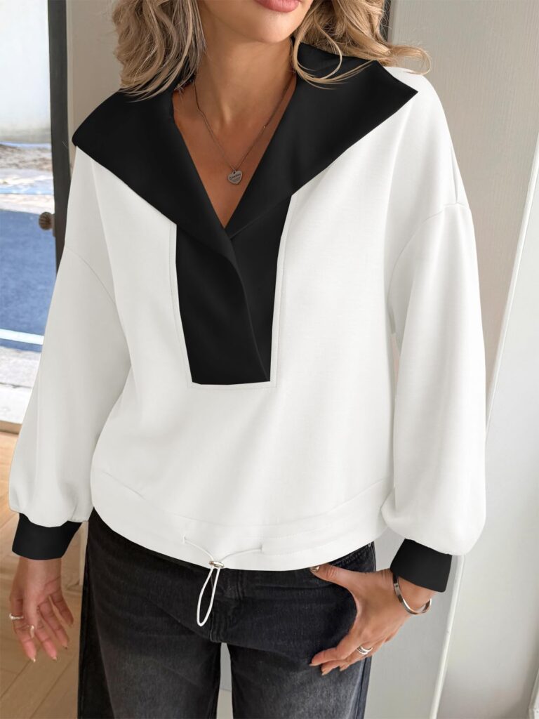 Fisoew Womens Cropped Oversized Sweatshirt Casual Lapel V Neck Long Sleeve Contrast Drawstring Loose Fit Fall Pullover Tops