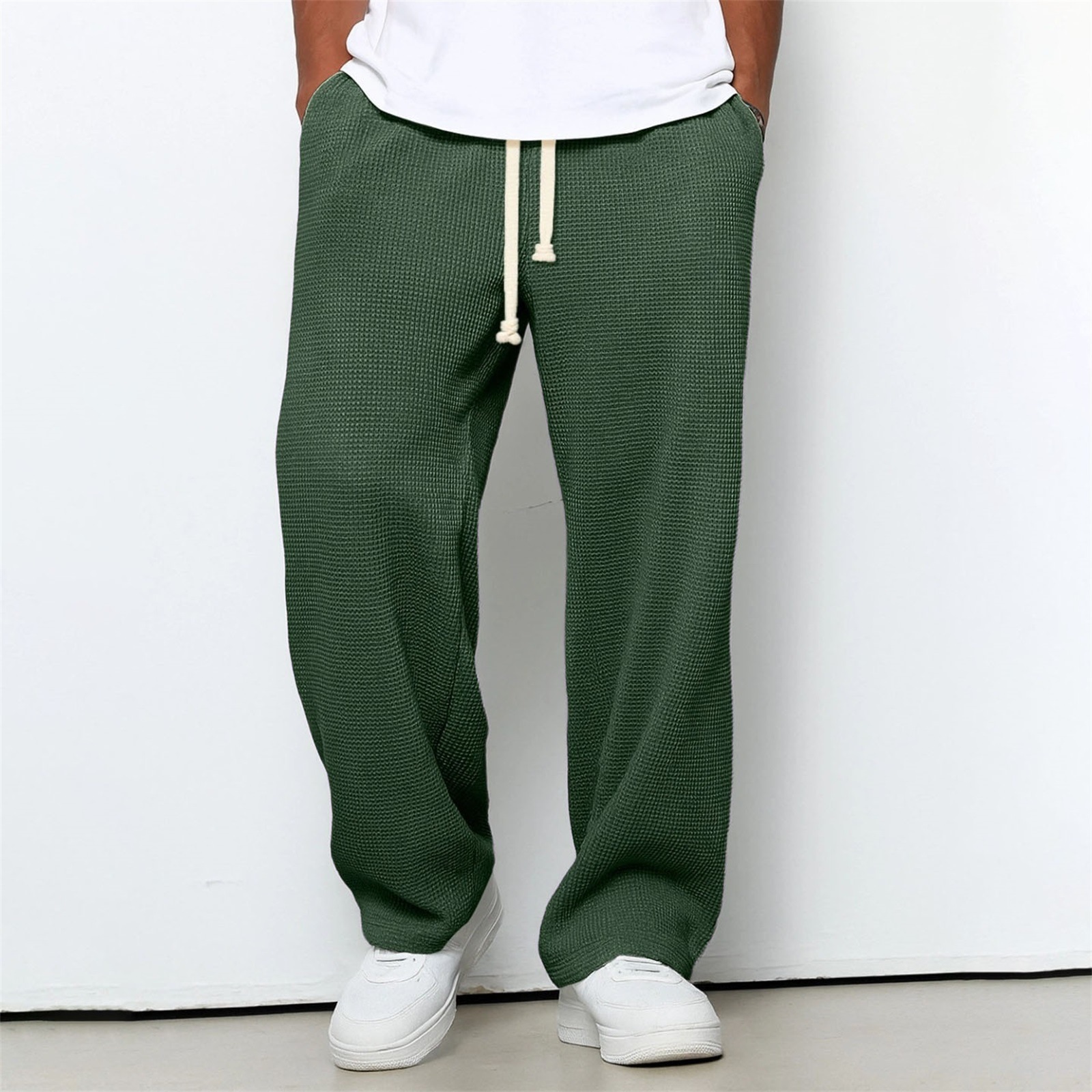 Mens Relaxed-fit Waffle-knit Wide-leg Athleisure Pants - Image 35