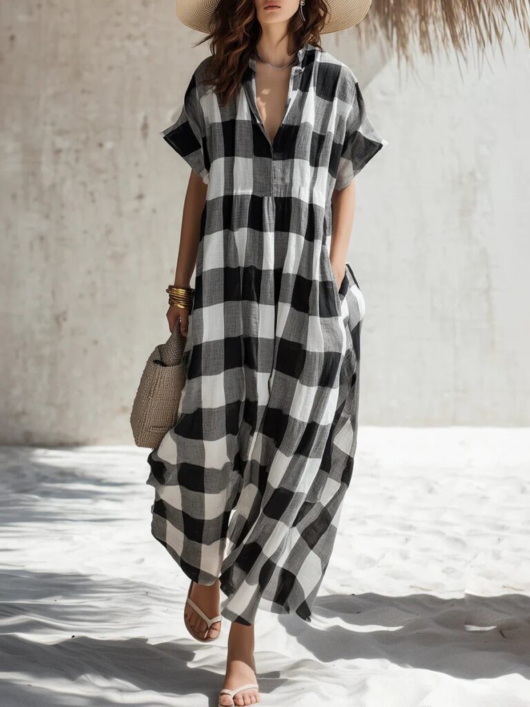 Plaid V-neck Long Cotton-Linen Dress