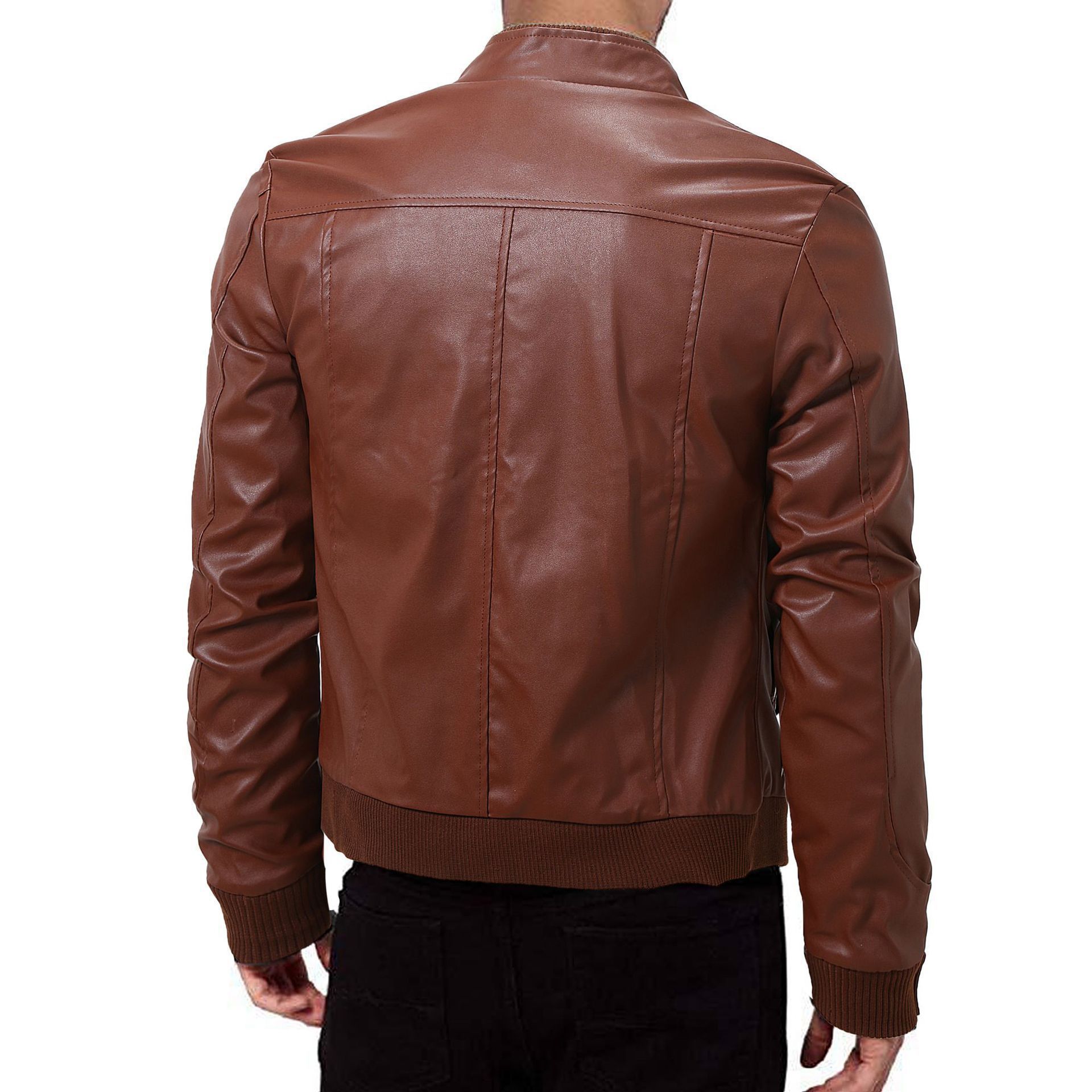 Mens Winter Warm Zip-Up Stand Collar Slim-Fit Leather Jacket Coats - Image 2