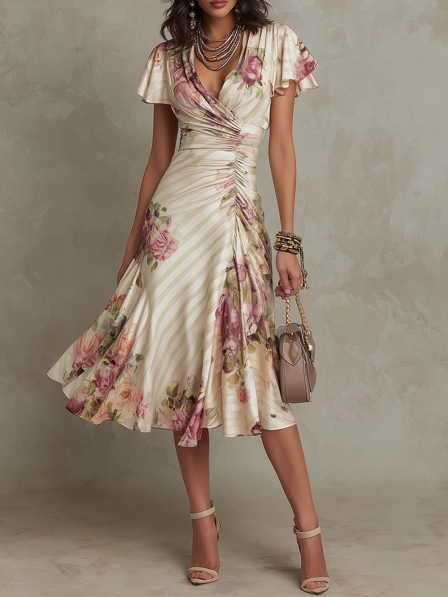 Printed V-neck Defined Waistline Ruffled Hem Dress - Image 8
