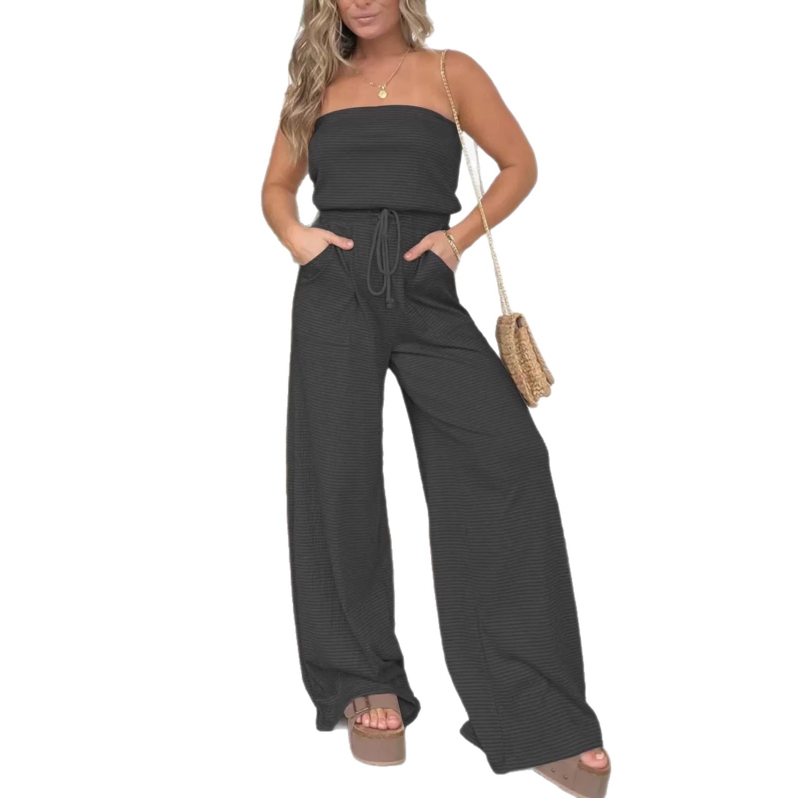 Womens Striped Tube Top Wide-Leg Jumpsuit - Image 6