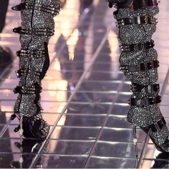 Hot-stone-embellished Skull-toe Studded Pointed-toe Over-the-knee Boots - Image 6