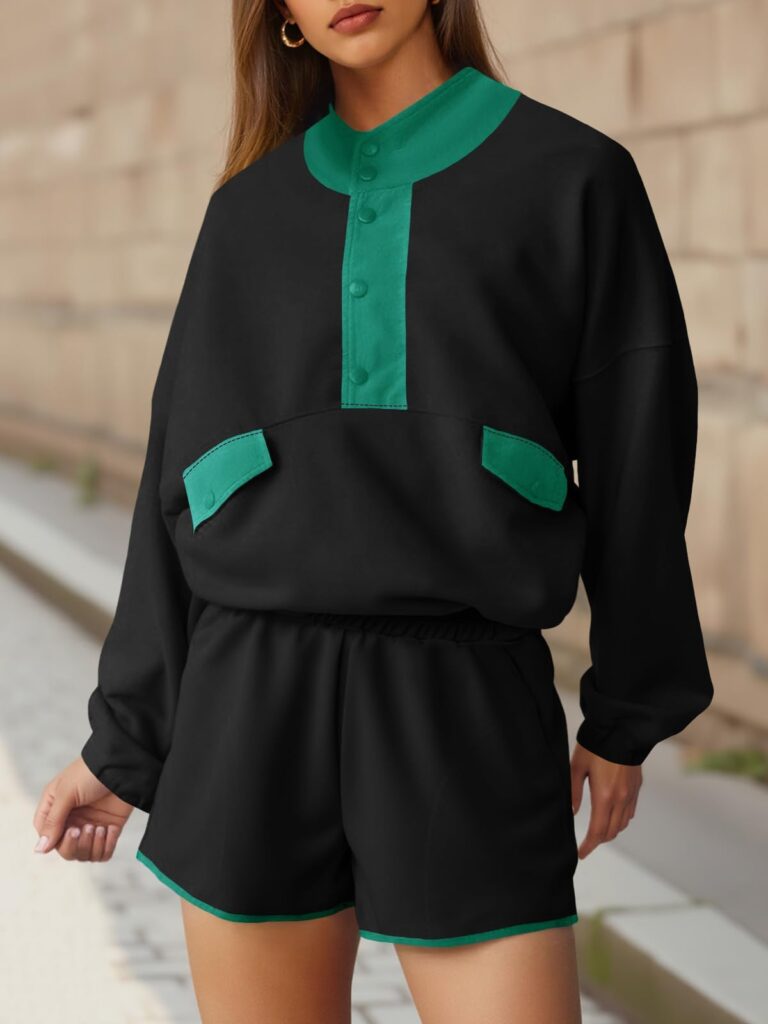 Fisoew Womens 2 Piece Sets Sweatsuits Casual Half Button Color Block Sweatshirts Running Shorts Tracksuits Fall Outfits