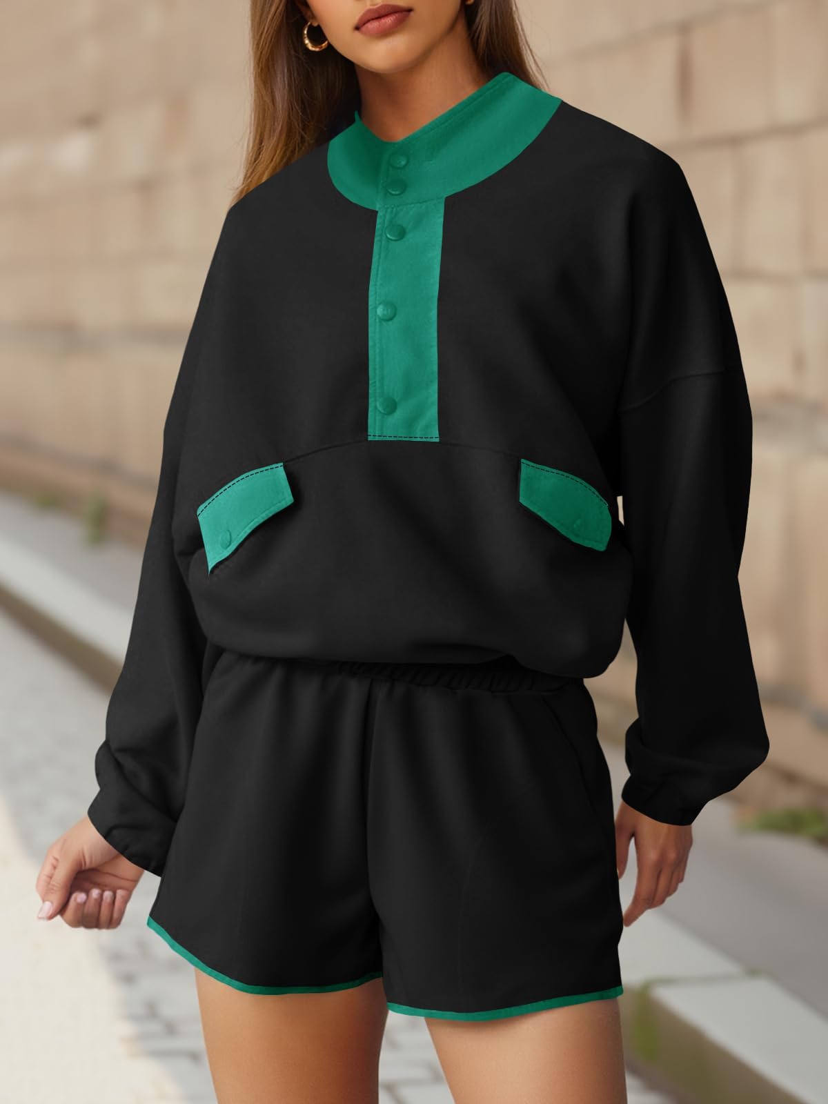 Fisoew Womens 2 Piece Sets Sweatsuits Casual Half Button Color Block Sweatshirts Running Shorts Tracksuits Fall Outfits - Image 27