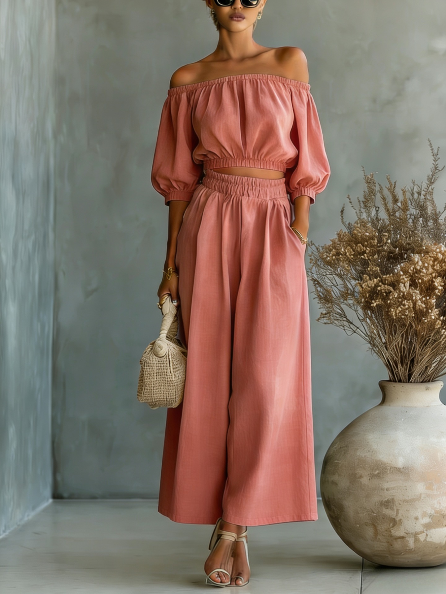 Casual Solid-color Cotton And Linen Top With High-waisted Wide-leg Pants - Image 5