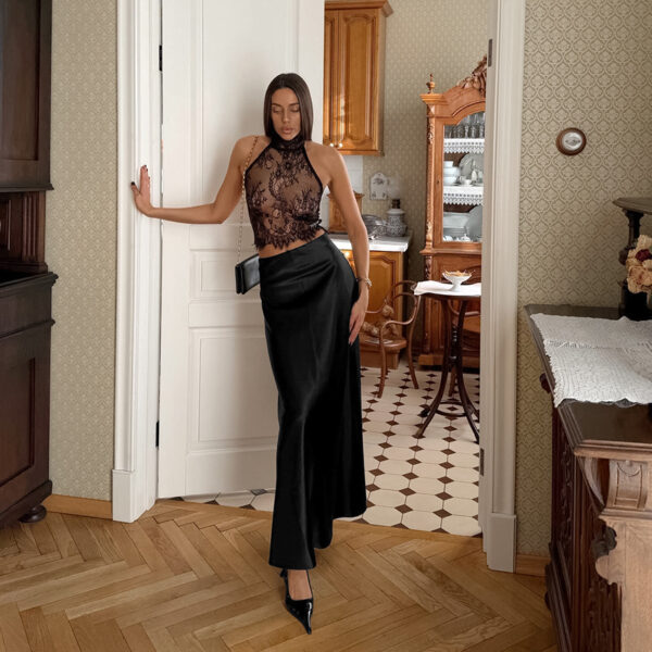 Black Lace Sheer Halter Top And Satin High-waisted Skirt Two-piece Set - Image 4