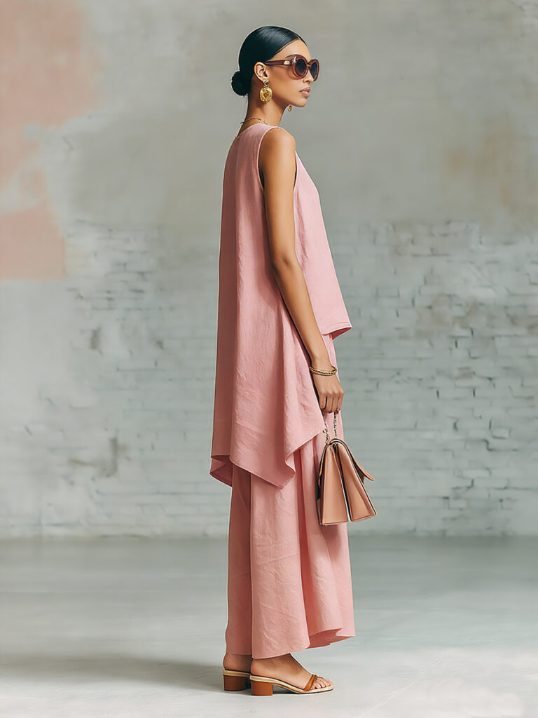 Elastic-waist Sleeveless Top With An Asymmetrical Hem And A Pleated Maxi Skirt