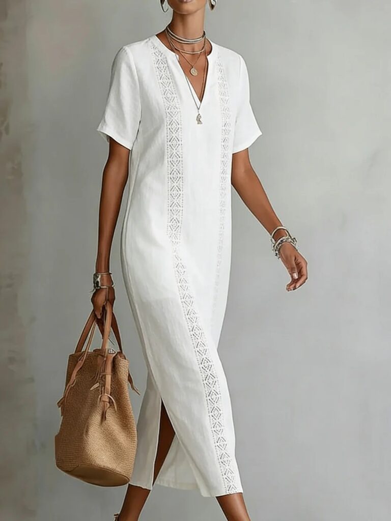 Women's Retro Hollow-Out Lace V-Neck Cotton-Linen Dress